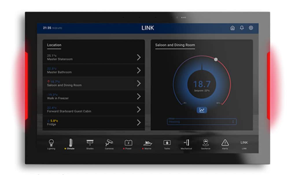 LINK touchscreen showing climate interface with a red outline to advise device is in critical alert