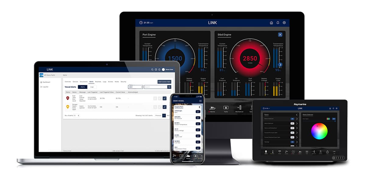 LINKcloud interfaces shown on a laptop, phone, desktop and MFD screen