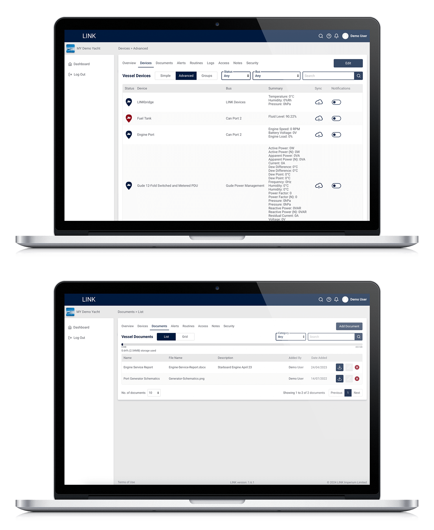 LINKcloud devices and document storage interfaces viewed on a laptop